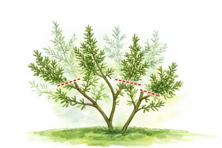 Rosmarin richtig schneiden – so bleibt dein Strauch kompakt und aromatisch Illustration zeigt Schnittstellen beim Rosmarin oberhalb des verholzten Bereichs