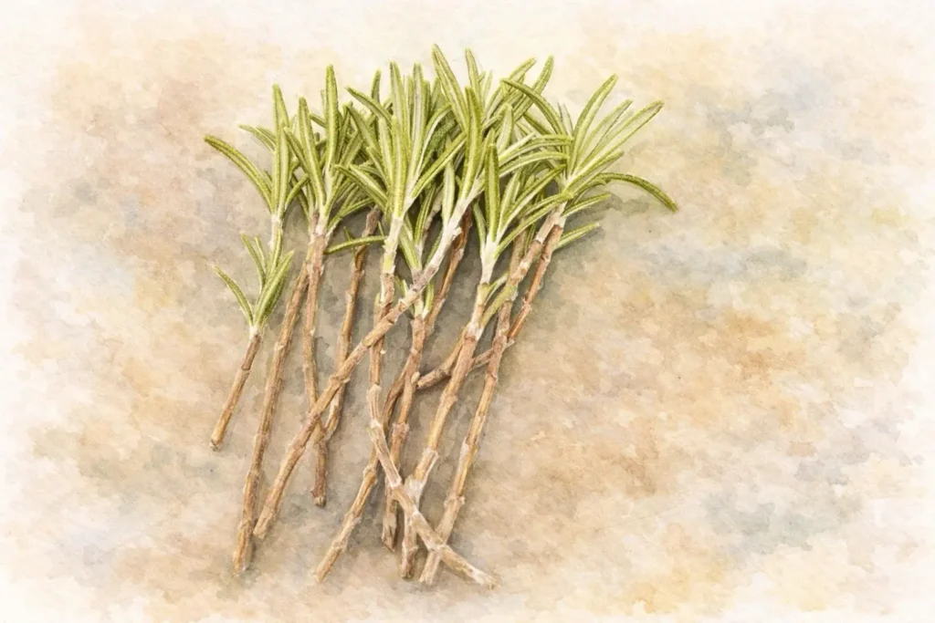 Rosmarin Stecklinge zur Vermehrung – mehrere abgeschnittene Rosmarinzweige mit Nadeln im Aquarellstil