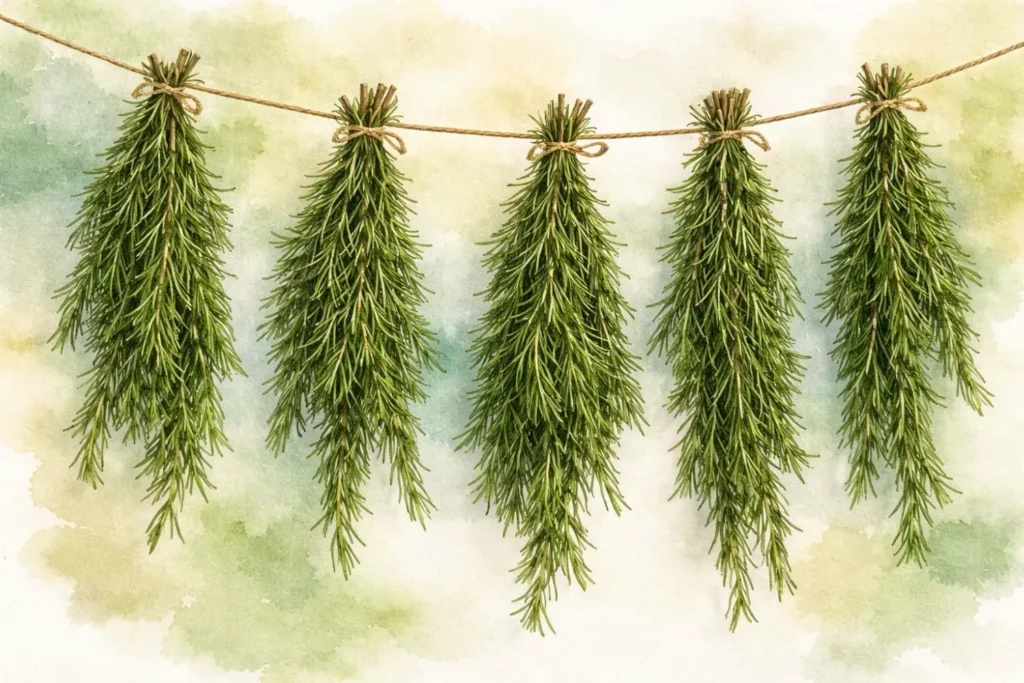 Rosmarinzweige zum Trocknen an einer Schnur aufgehängt