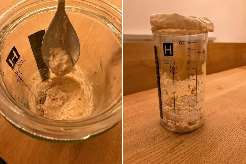 Sauerteig Mischung wird mit Löffel zu homogener Masse verrührt
