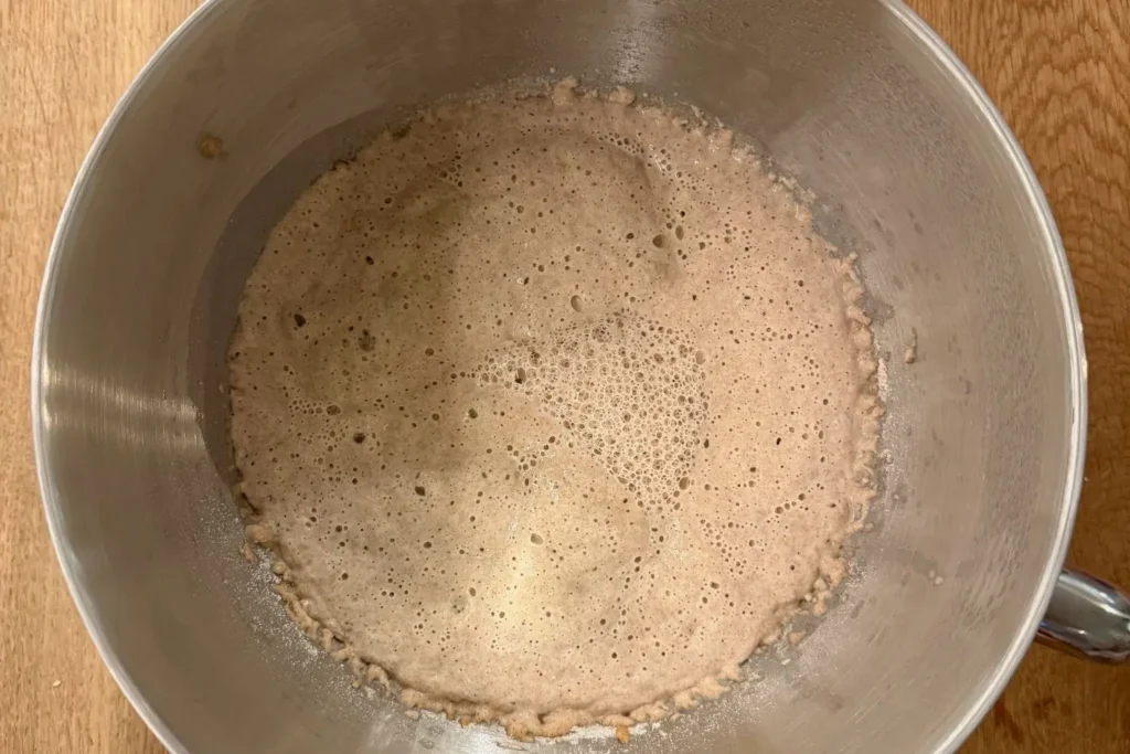 Reifer Sauerteig mit sichtbaren Bläschen nach der Gehzeit