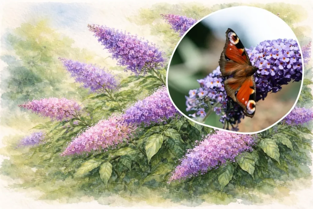Schmetterlingsflieder mit violetten Blütenrispen im Garten