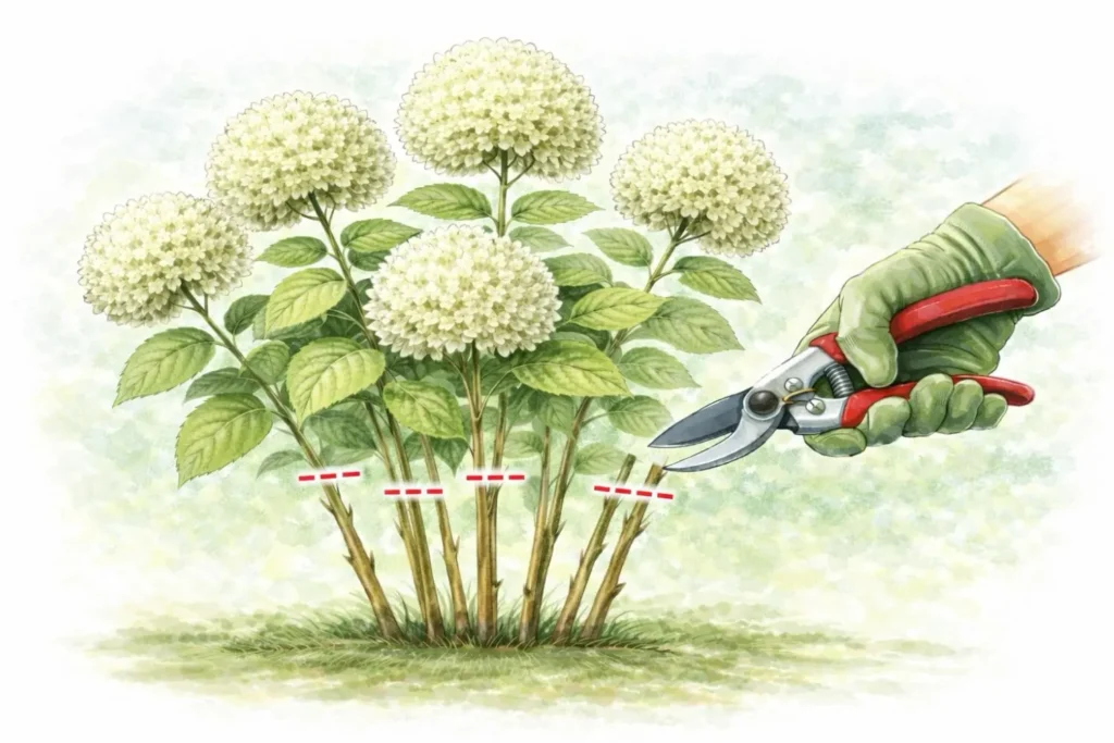 Schneeballhortensie schneiden: Triebe im Frühjahr auf etwa 20 bis 30 Zentimeter über dem Boden zurückschneiden