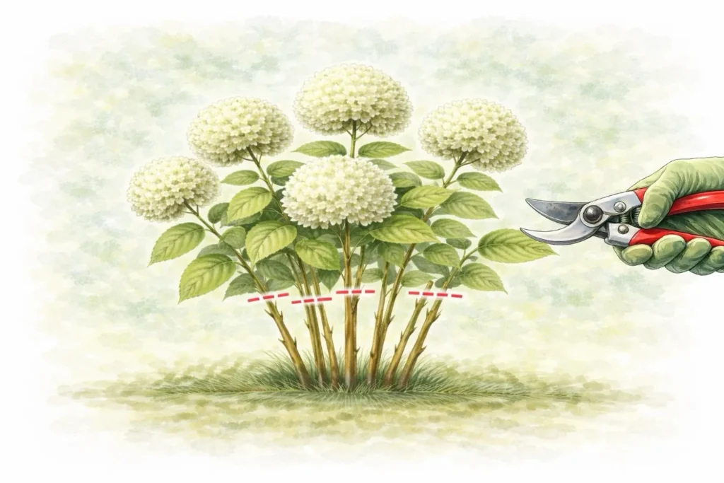 Schneeballhortensie schneiden: Triebe im Frühjahr auf etwa 20 bis 30 Zentimeter über dem Boden zurückschneiden