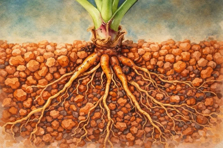Seramis oder Blähton? Welches Granulat ist besser für Zimmerpflanzen? Nahaufnahme einer Zimmerpflanzenwurzel, die Seramis-Granulat vollständig durchwurzelt, im Aquarellstil dargestellt