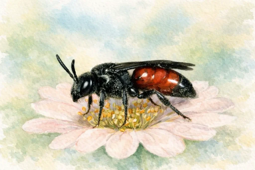 Aquarellillustration der Blutbiene Sphecodes gibbus auf einer offenen Blüte mit sichtbaren Staubblättern und Pollen.