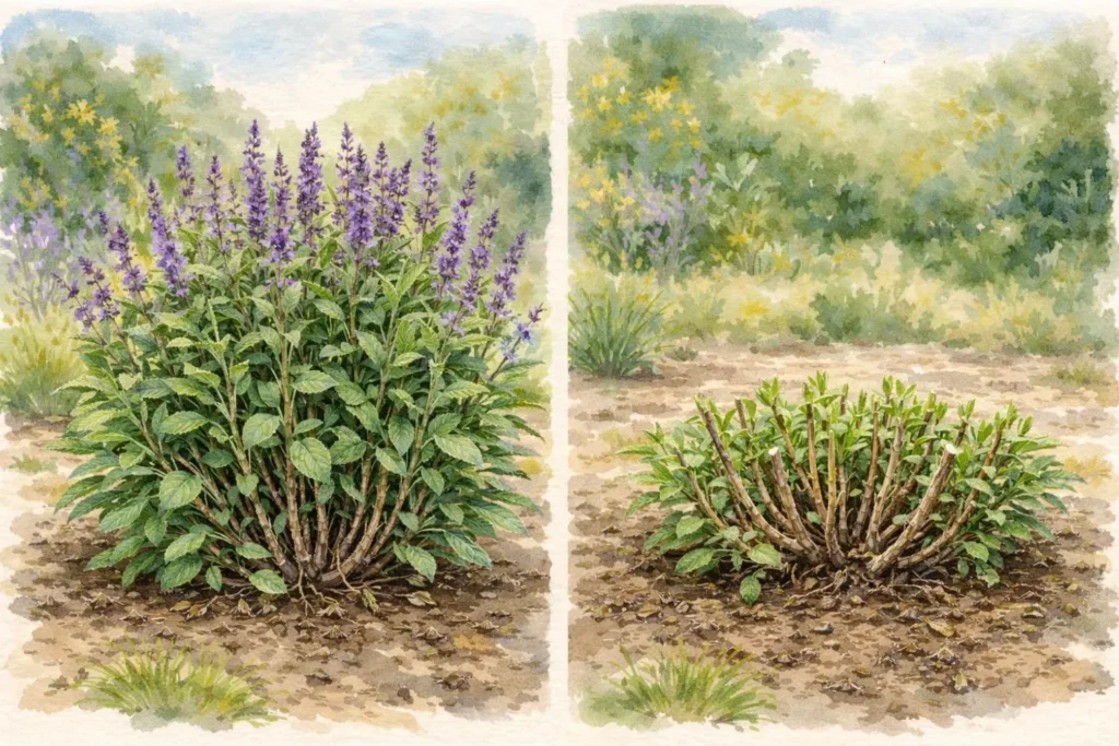 Steppensalbei vor und nach dem Rückschnitt im Frühjahr