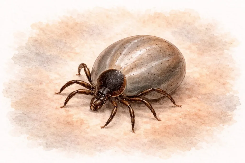 Vollgesogene weibliche Zecke nach einer Blutmahlzeit im Aquarellstil