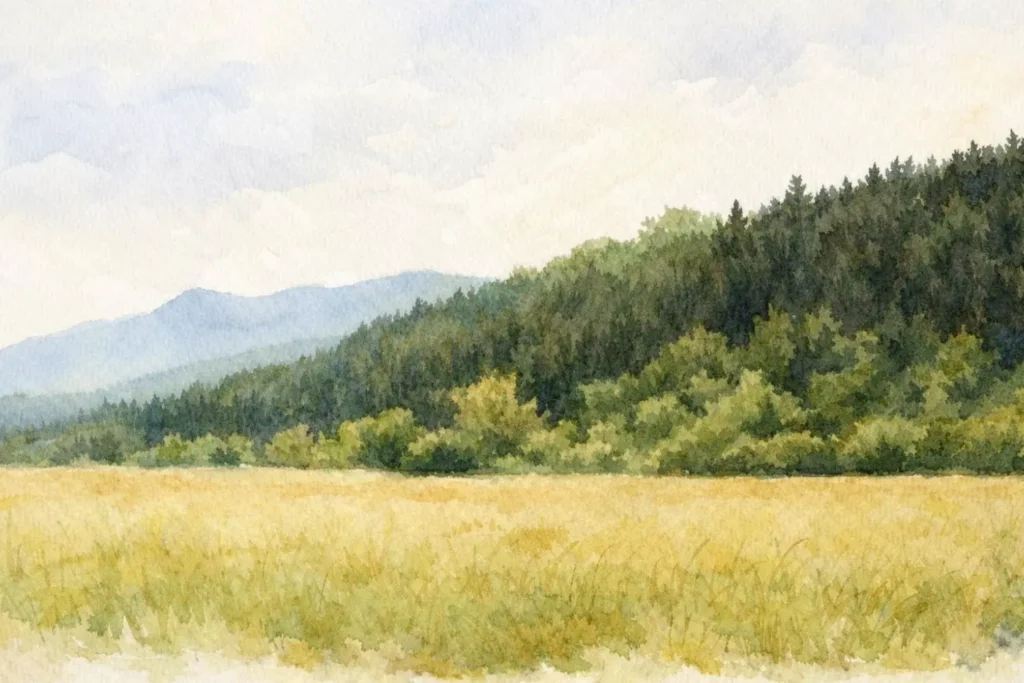 Wiese mit Waldrand und Mischwald als typischer Lebensraum vieler Singvögel