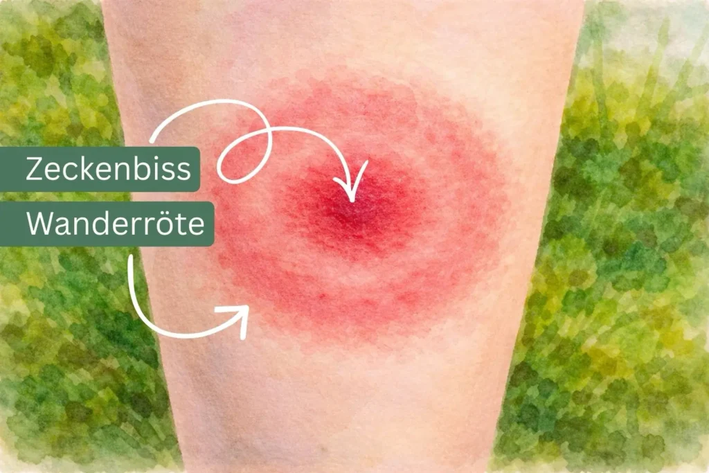 Rötung der Haut in kreisförmiger Form als typisches Zeichen einer Wanderröte