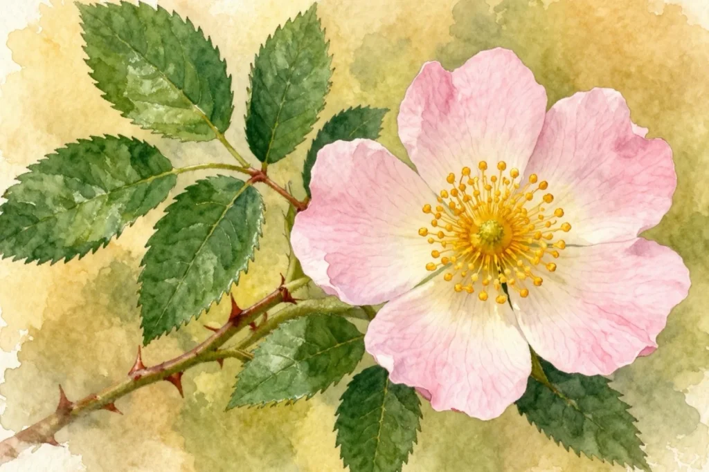 Detailaufnahme einer rosa Wildrosenblüte mit gelben Staubgefäßen