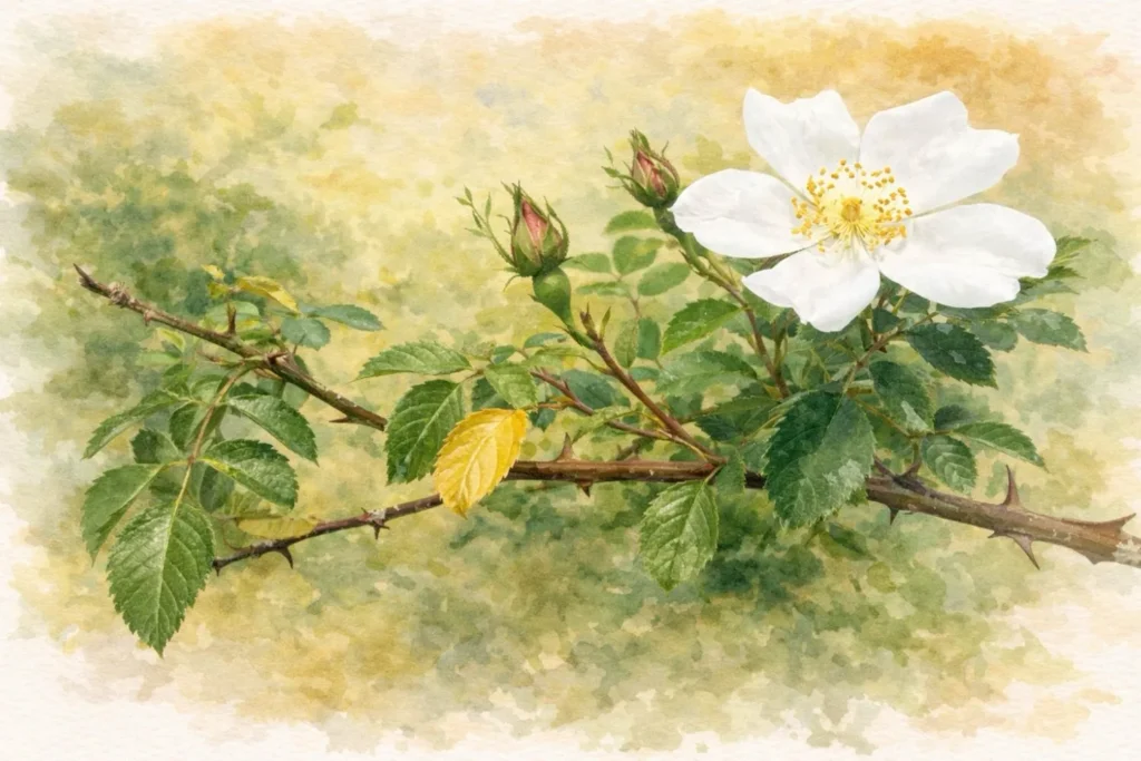 Zweig der Wildrose mit weißer Blüte, Knospen und typischen Dornen