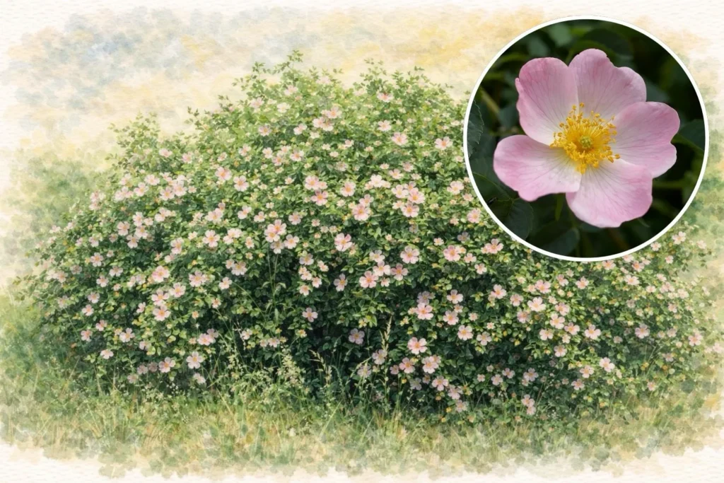 Blühender Wildrosen-Strauch mit vielen rosa Blüten