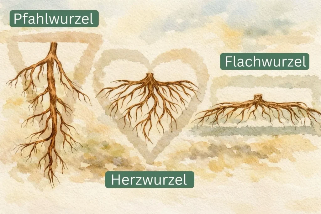 Illustration verschiedener Wurzelsysteme mit Pfahlwurzel, Herzwurzel und Flachwurzel im Vergleich