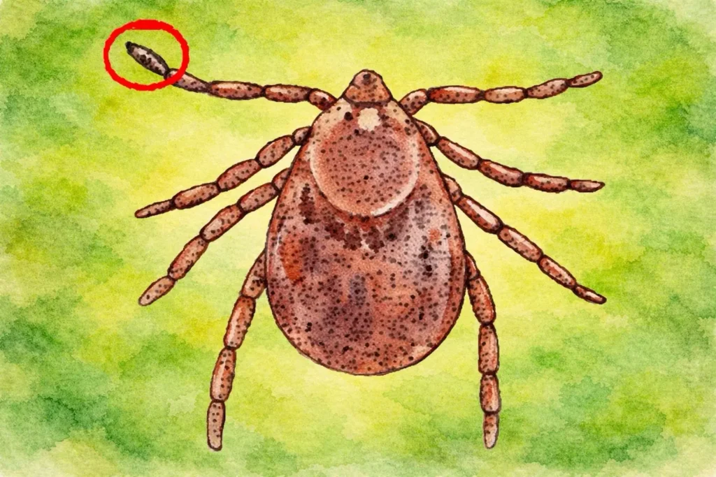 Illustration einer Zecke mit markiertem Hallerschen Organ am Vorderbein