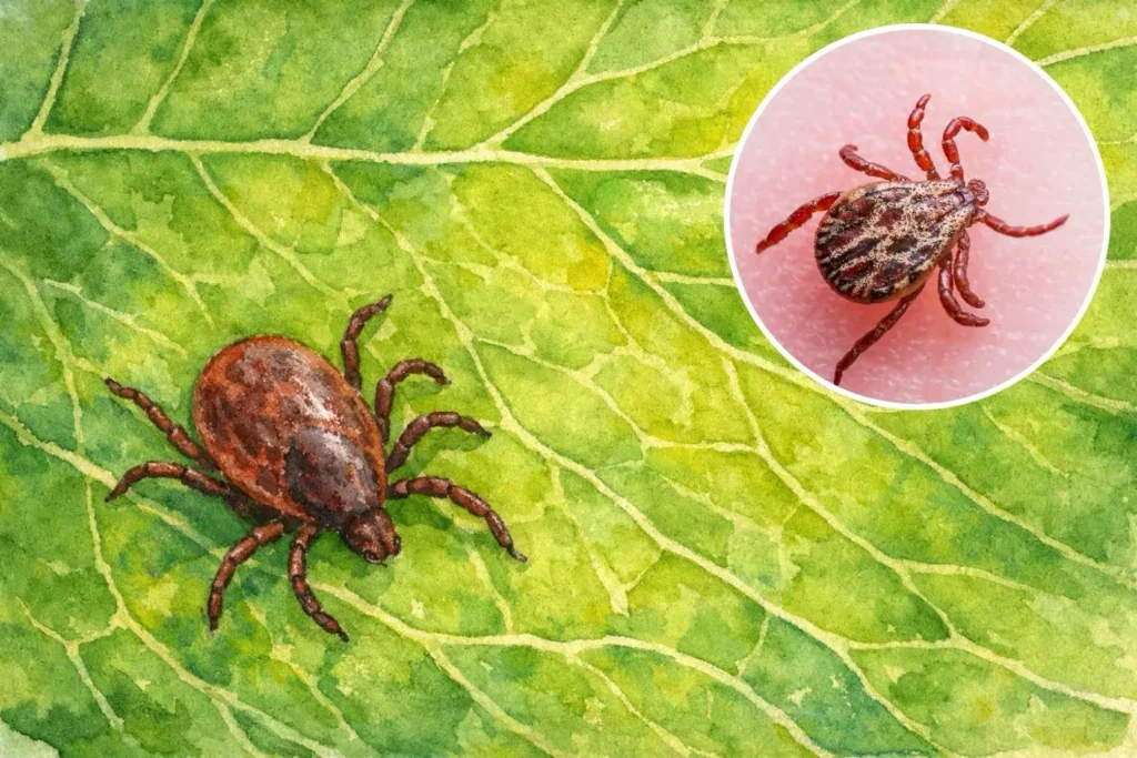 Nahaufnahme einer Zecke auf einem grünen Blatt im Aquarellstil