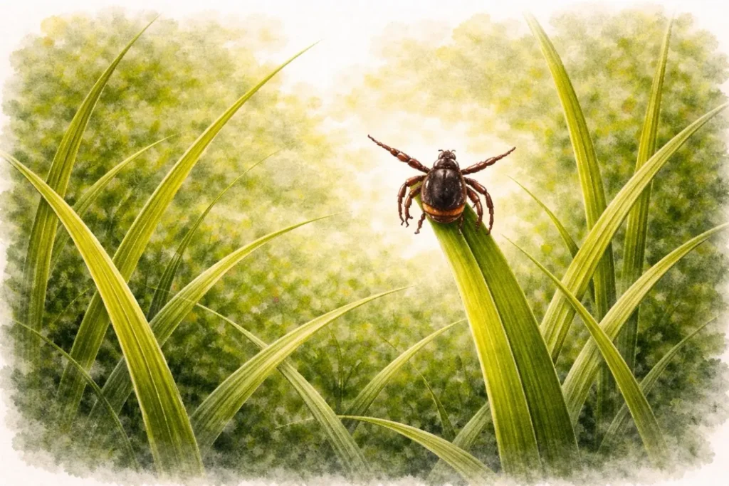 Zecke sitzt auf einem Grashalm und wartet in Lauerstellung auf einen Wirt