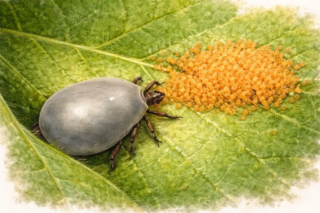 Zecke neben Eiern auf einem Blatt im Aquarellstil