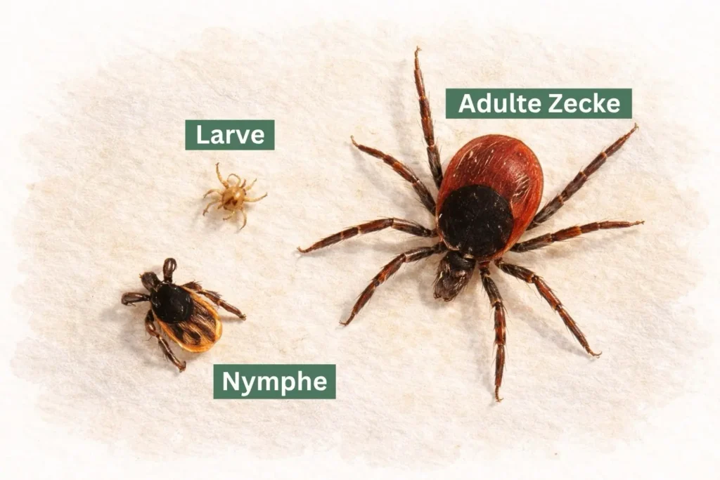 Unterschiedliche Entwicklungsstadien einer Zecke von Larve bis adult