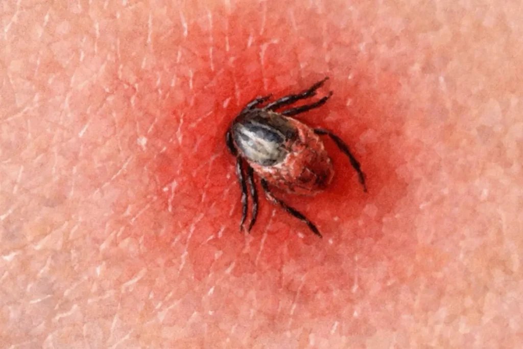 Nahaufnahme einer Zecke, die in der Haut steckt, mit geröteter Einstichstelle