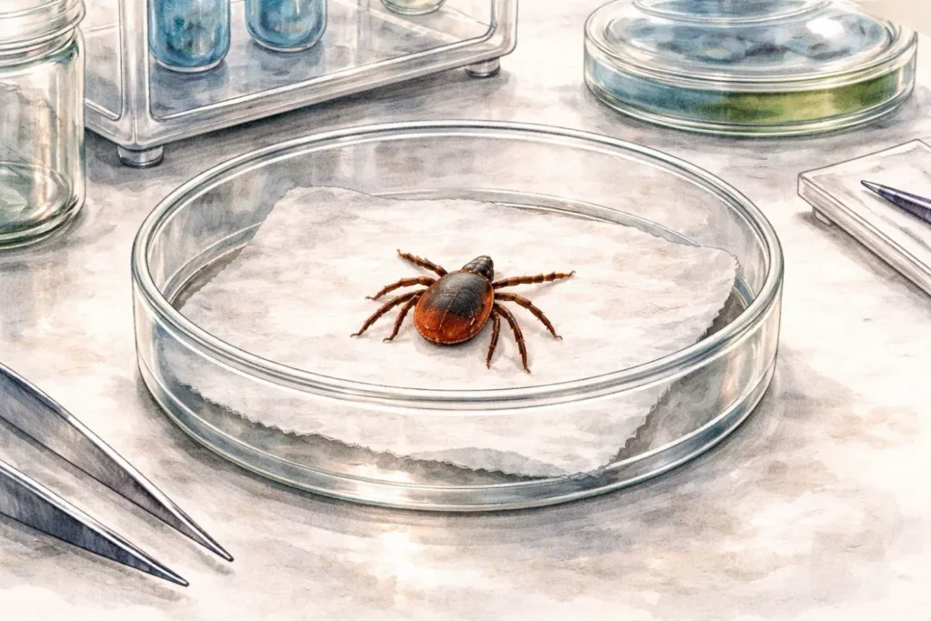 Zecke in einer Petrischale im Labor zur Untersuchung