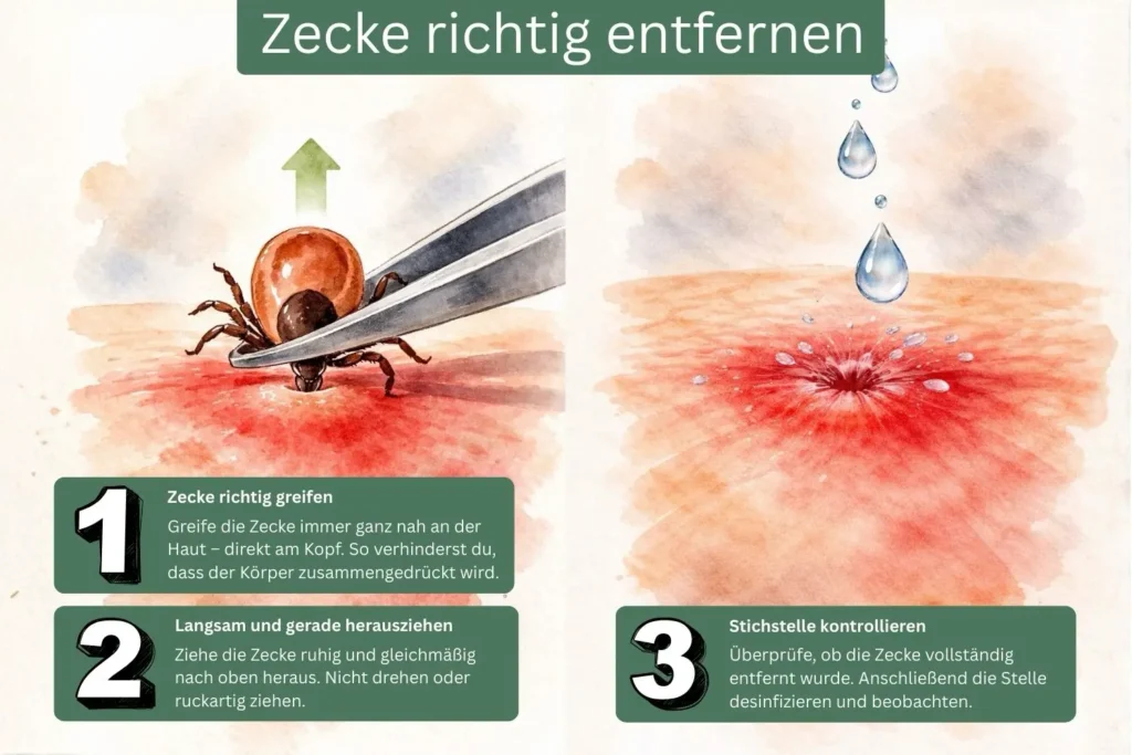 Illustration zeigt korrektes Entfernen einer Zecke mit Pinzette und anschließende Desinfektion