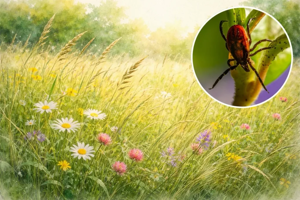Zecke auf einem Grashalm in einer blühenden Wiese – typische Umgebung für Zecken