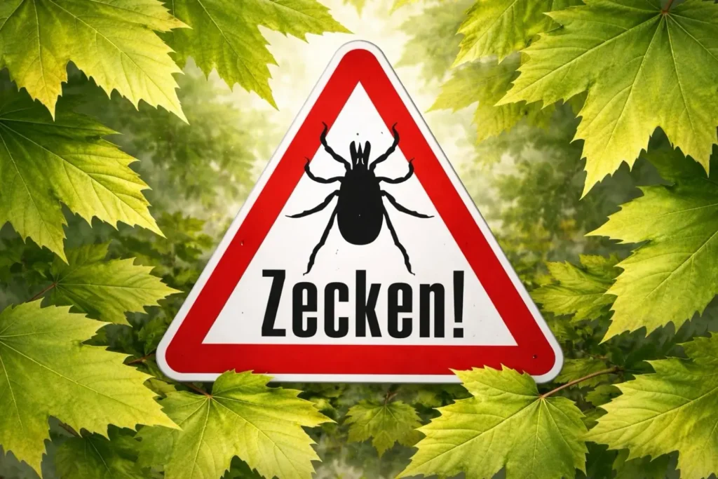 Warnschild mit Zeckensymbol umgeben von grünen Ahornblättern