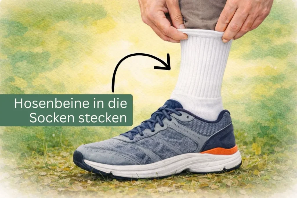 Person steckt Hosenbein in weiße Tennissocken über einem Turnschuh