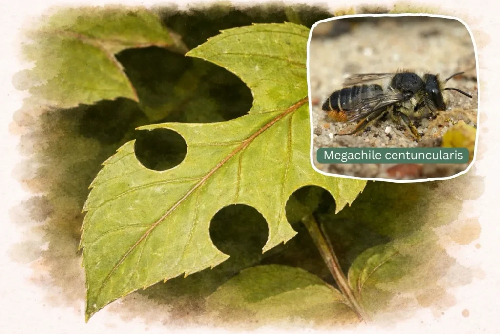 Blattschneiderbiene (Megachile centuncularis) schneidet runde Stücke aus Blättern für den Nestbau