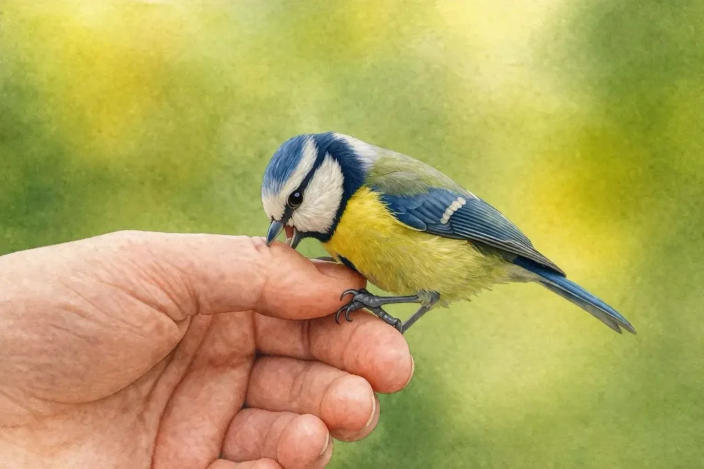 Blaumeise sitzt auf Hand und beißt leicht in einen Finger im Aquarellstil