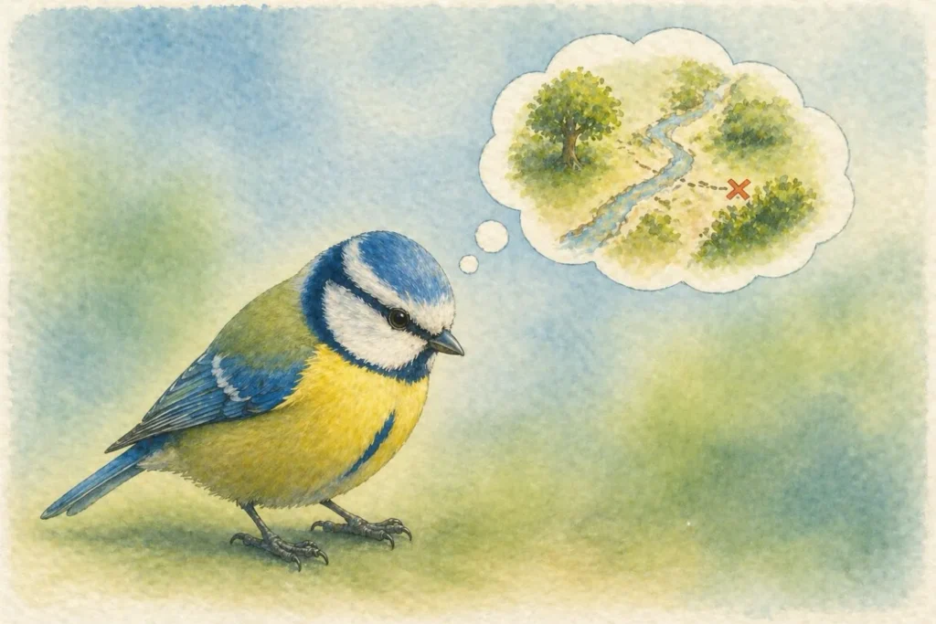 Blaumeise mit Gedankenblase und Karte eines gemerkten Verstecks im Aquarellstil