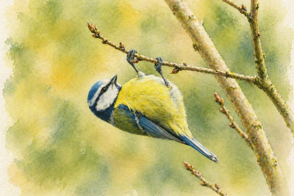 Blaumeise hängt kopfüber an einem dünnen Ast im weichen Aquarellstil