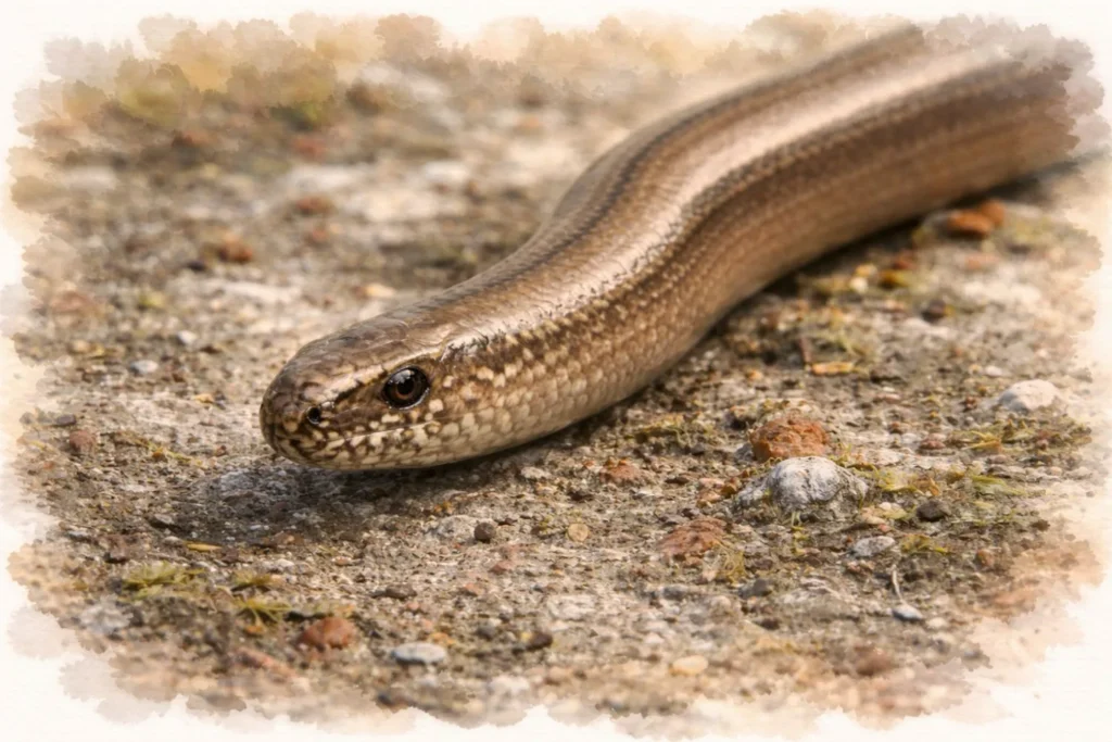 Blindschleiche auf sandigem Boden mit glänzendem, glattem Körper