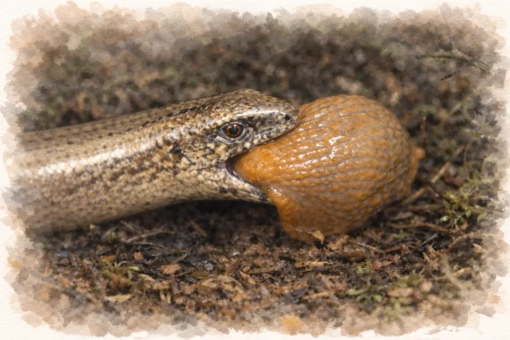 Blindschleiche frisst eine Nacktschnecke im Garten