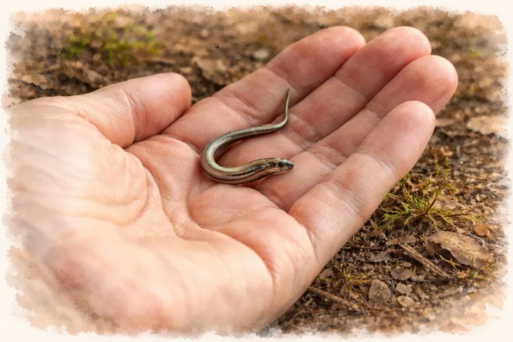 Junge Blindschleiche liegt in einer menschlichen Hand