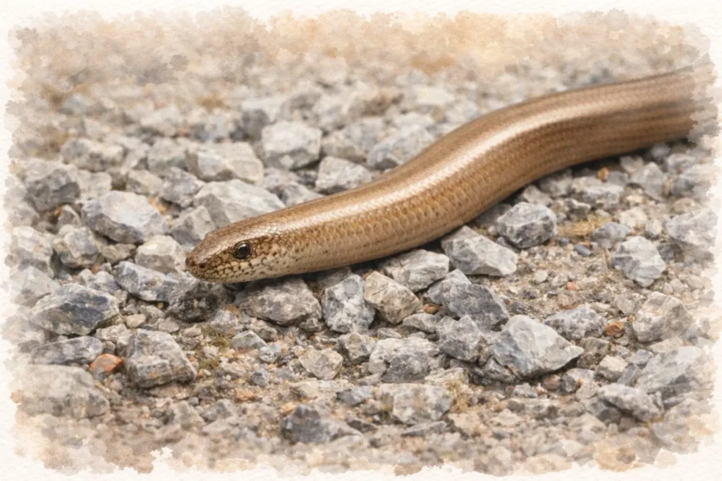 Blindschleiche auf Kies mit gleichmäßigem, glattem Körper