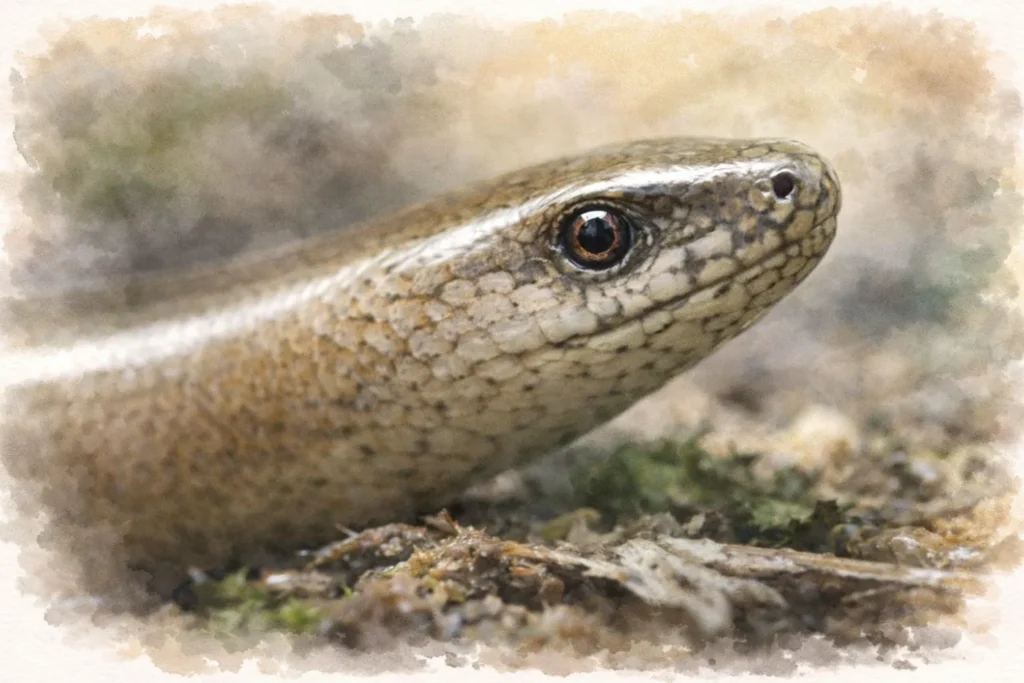 Nahaufnahme einer Blindschleiche mit sichtbarem Auge und Augenlid