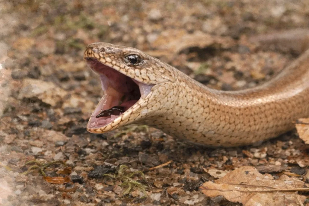 Blindschleiche mit geöffnetem Maul als Abwehrreaktion