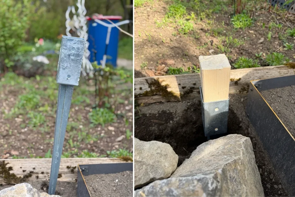 Einschlagbodenhülse wird an geplanter Position für Rankhilfe angesetzt