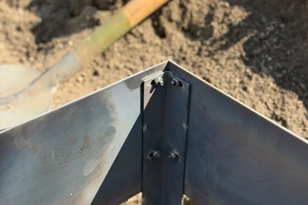 Detailaufnahme einer montierten Cortenstahl-Beeteinfassung mit Eckverbinder und Schrauben