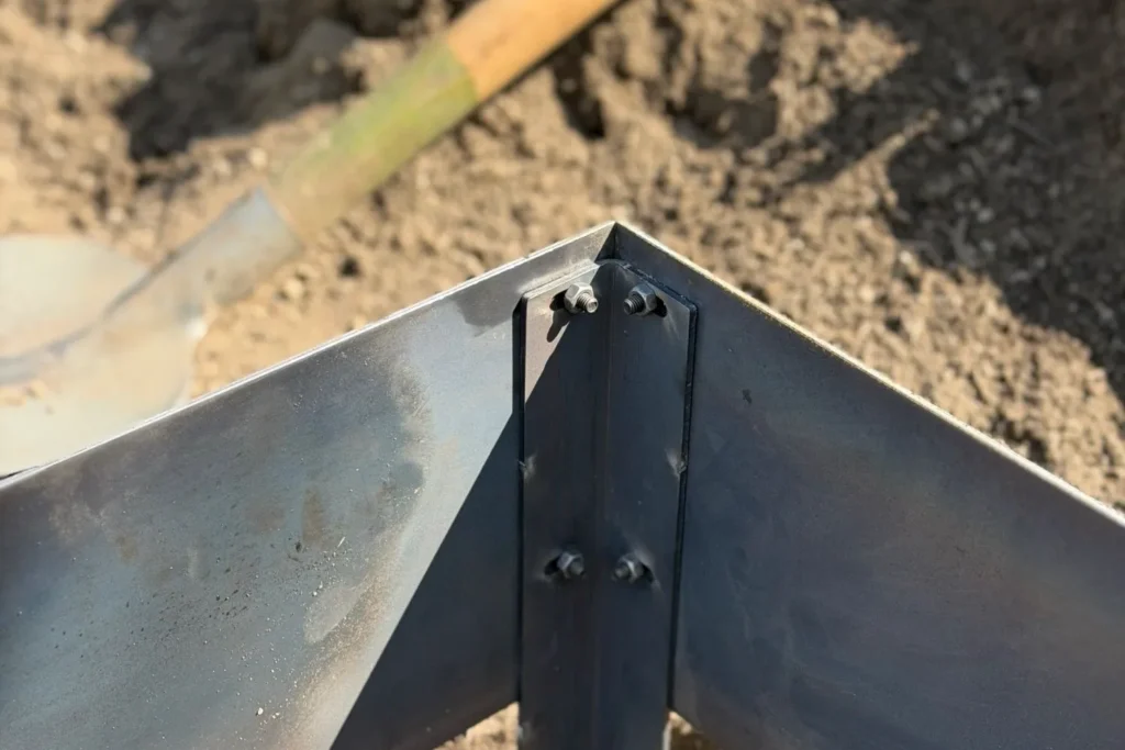 Nahaufnahme einer verschraubten Eckverbindung an einer Beeteinfassung aus Cortenstahl