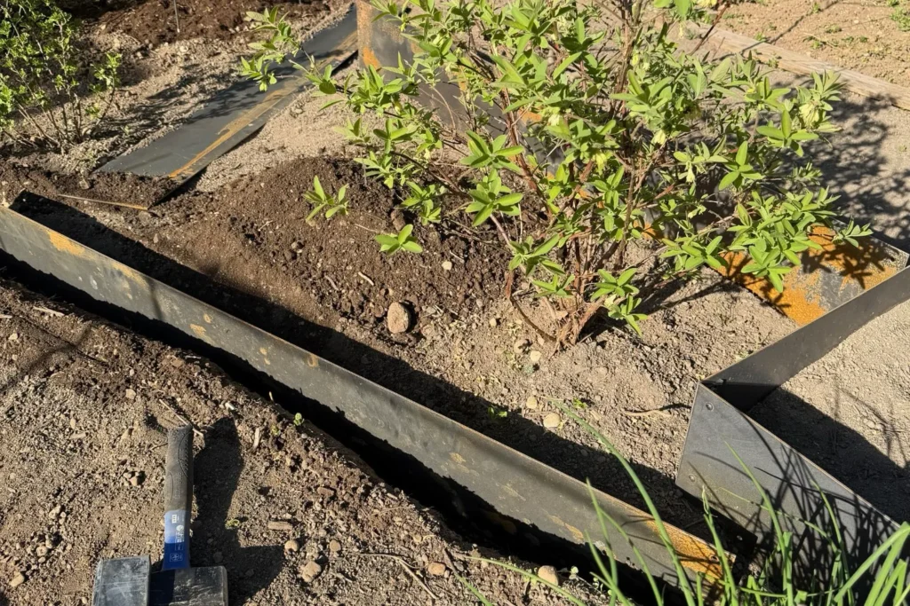 Teilweise eingegrabene Cortenstahl-Beeteinfassung an Hangbeet oder Stufenbeet im Garten