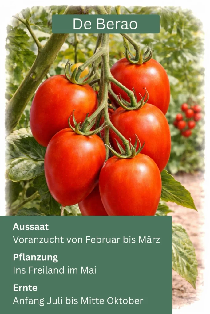 De Berao Tomate mit länglich ovalen roten Früchten an der Pflanze