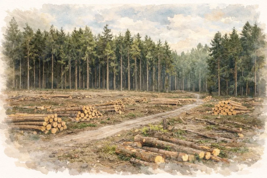 Gerodeter Wald mit gefällten Bäumen als Beispiel für Lebensraumverlust