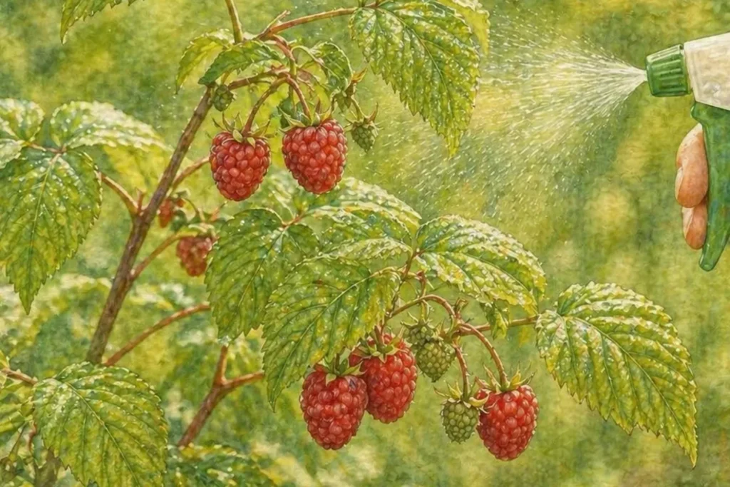 Himbeerpflanze wird mit Sprühflasche besprüht im Aquarellstil