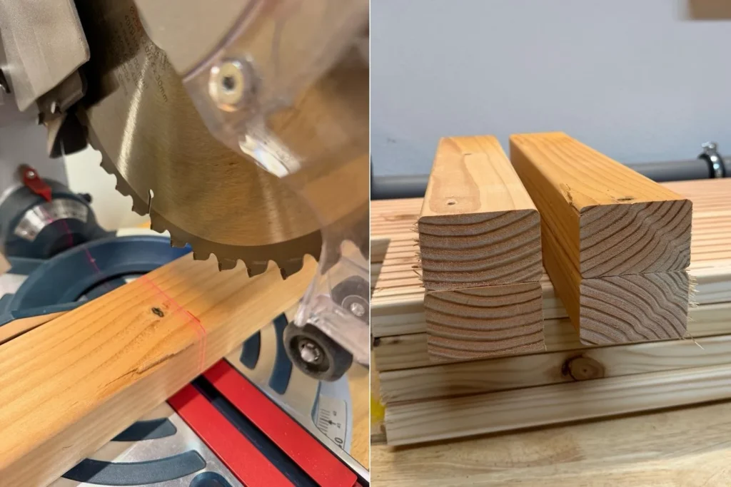 Holz wird mit einer Kappsäge präzise zugeschnitten für den Hochbeetbau.