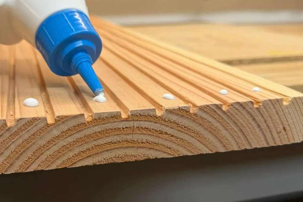 Holzleim wird auf Holzbrett aufgetragen für stabilere Verbindung beim Hochbeet