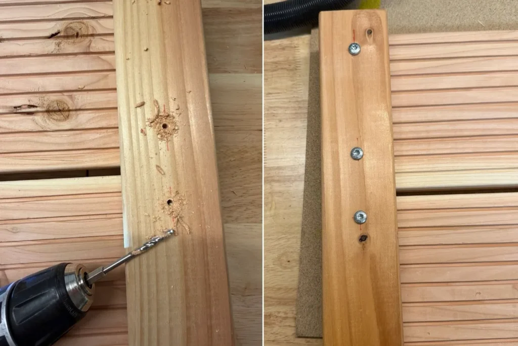 Holz wird vorgebohrt und mit Linsenkopfschrauben sauber verschraubt