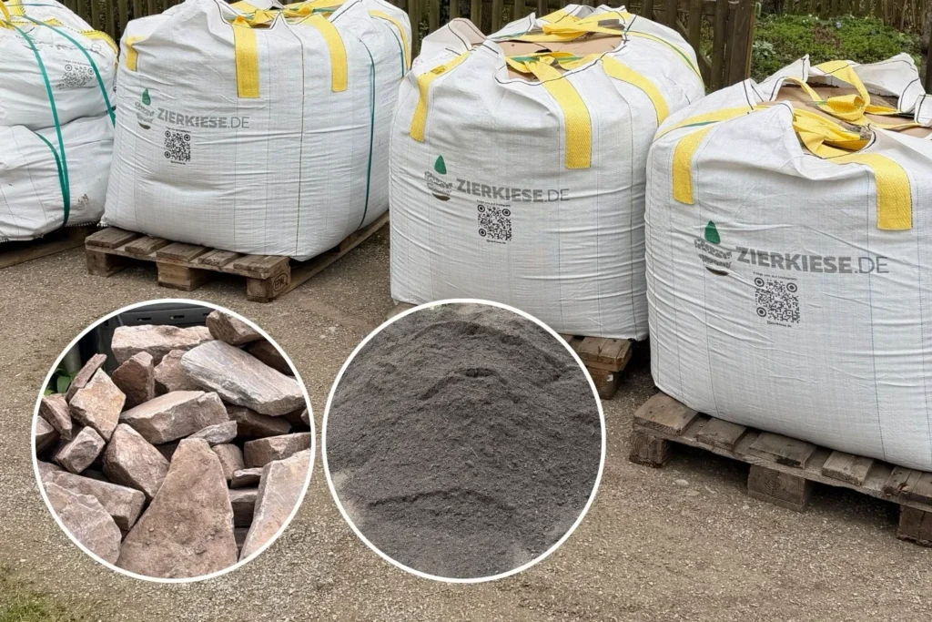 Big Bags mit Hochbeeterde sowie Natursteine für die Neugestaltung eines Schrebergartens